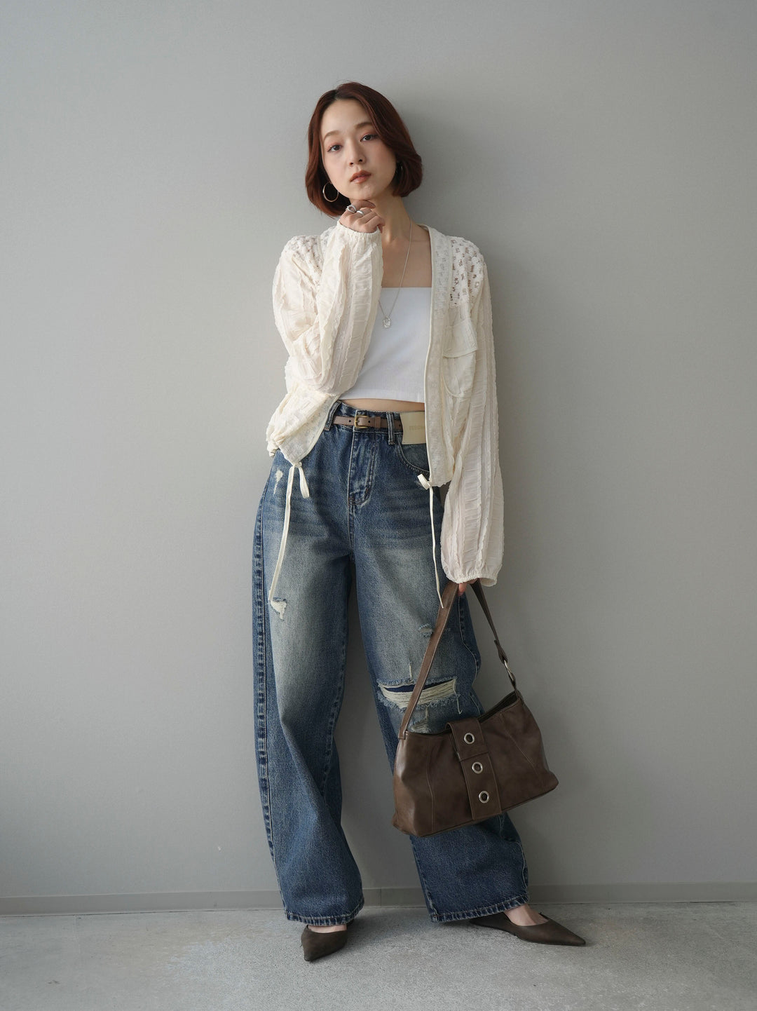 [SET]パッチワークシアーフリルブルゾン+ダメージデニムセミワイドパンツ(2set)