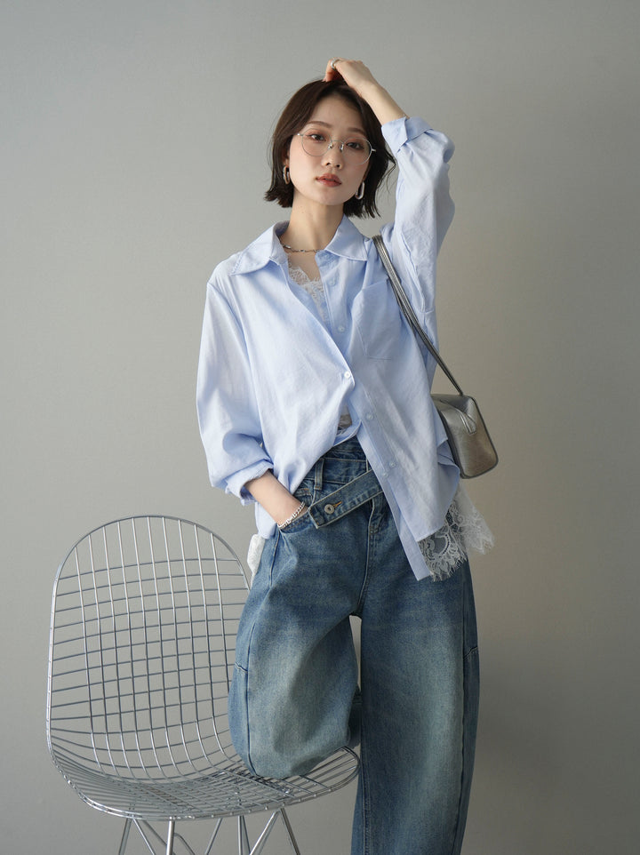 [予約]レイヤードデザイン裾レースブラウス/blue