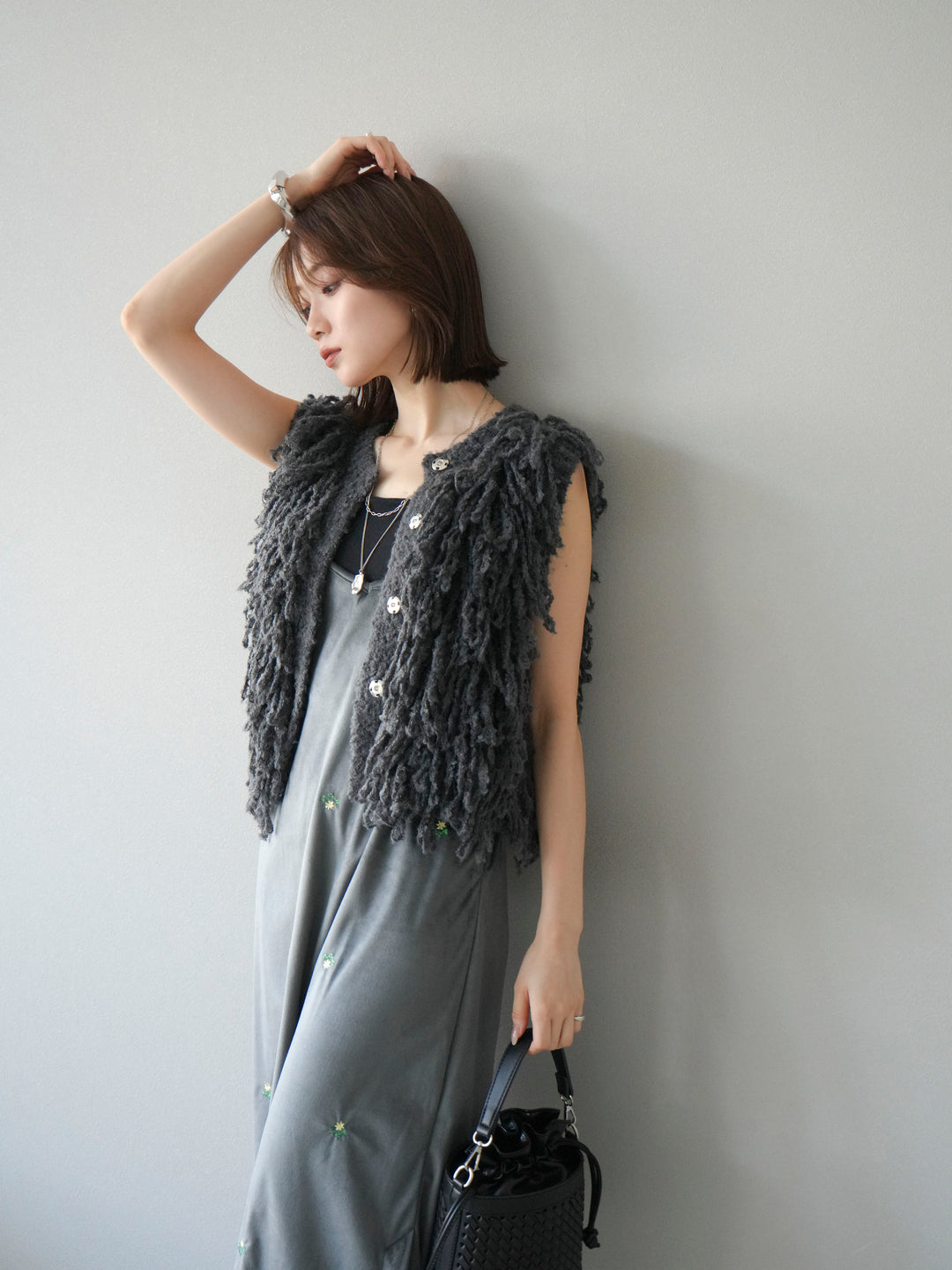 [予約]フラワー刺繍ベロアキャミワンピース/グレー