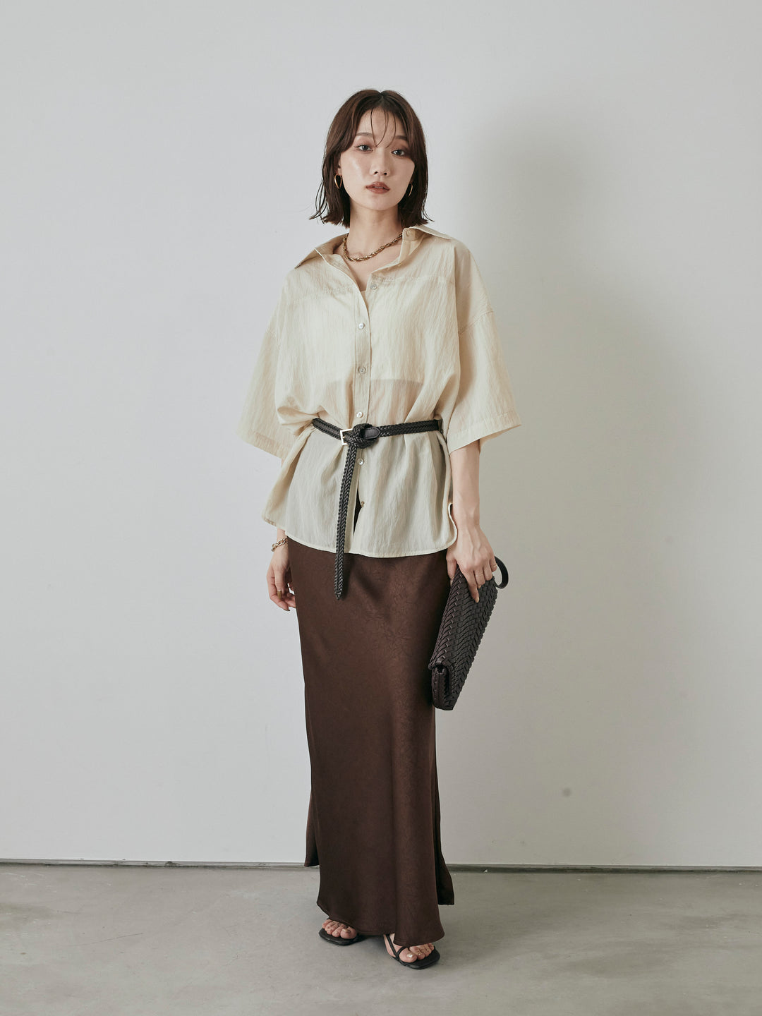[予約]サテンワッシャーナロースカート/ブラウン