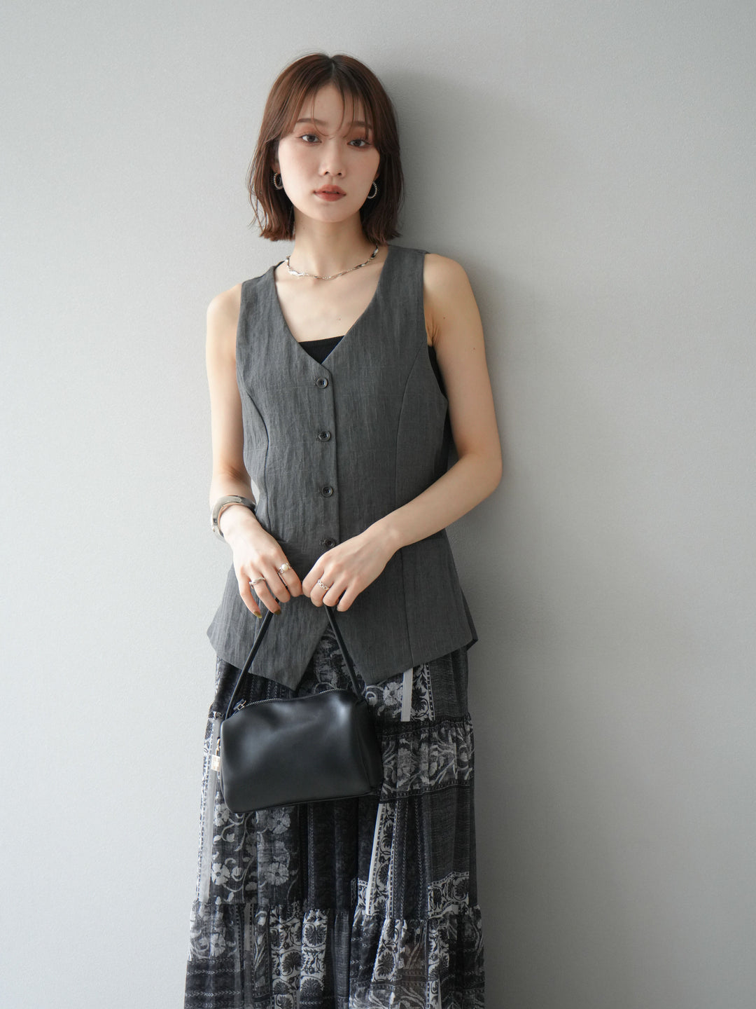 [SET]リネンタッチバックオープンベスト＆ニュアンス柄マキシスカートSET UP(2set)