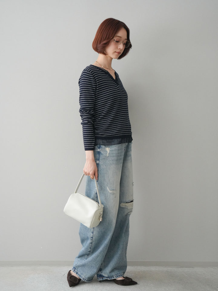 [SET]チュールレイヤードデザインボーダーニットトップス+ダメージデニムセミワイドパンツ(2set)