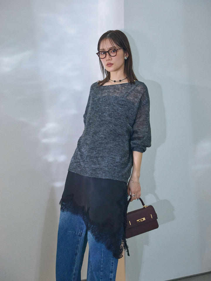 【Allure】[SET]モヘアタッチ透かし編みボートネックニットプルオーバー+アシメカーブデニムパンツ(2set)