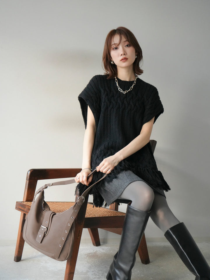 [予約]ケーブルニットフリンジベスト/ブラック