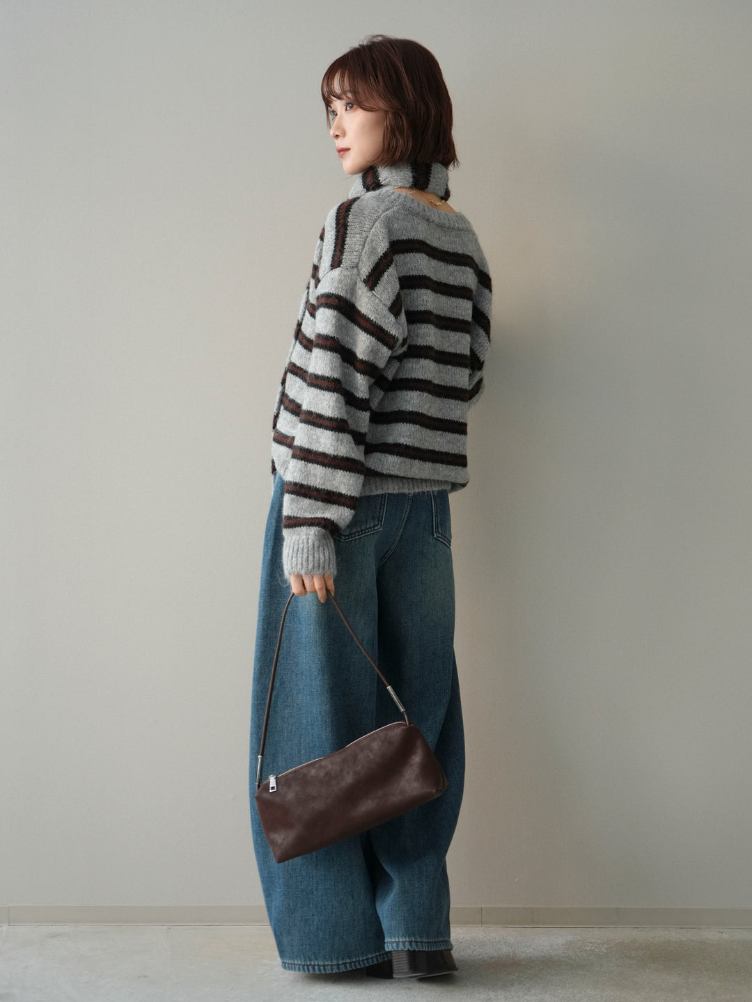 [SET]ボウタイ付きボーダーニットプルオーバー+ベルト付裏起毛カーブデニムパンツ(2set)