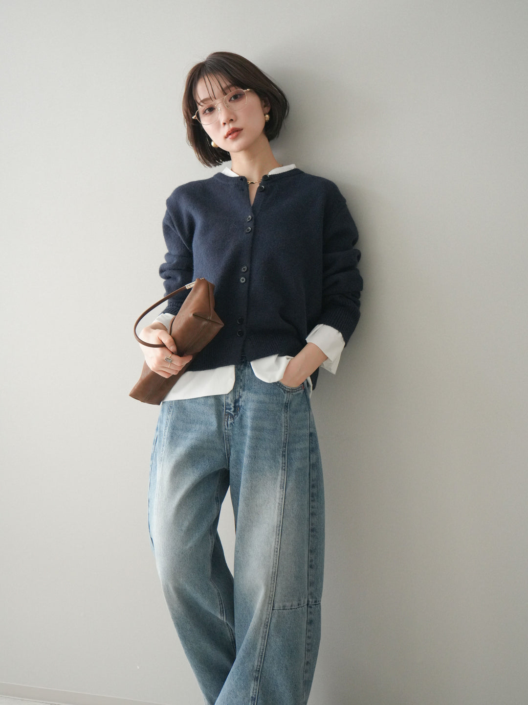 [SET]布帛ドッキングニットカーディガン+ガーメントウォッシュカーブデニムパンツ(2set)