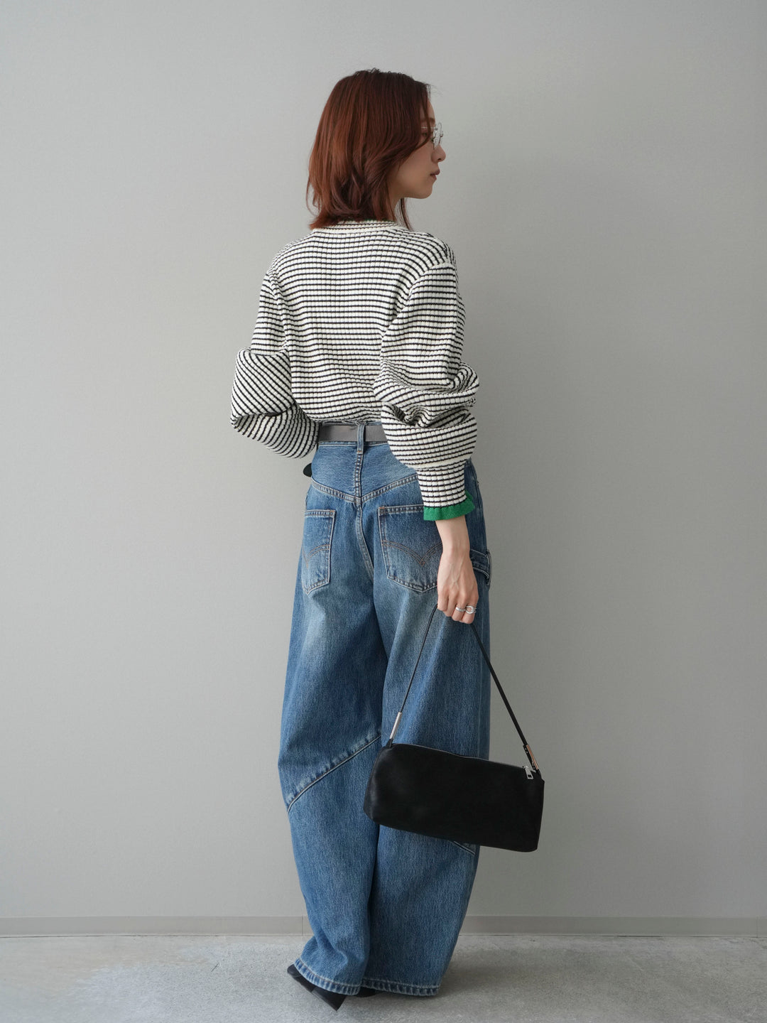 [SET]ラメ異素材ボーダーリブニットプルオーバー+ペインターカーブデニムパンツ(2set)