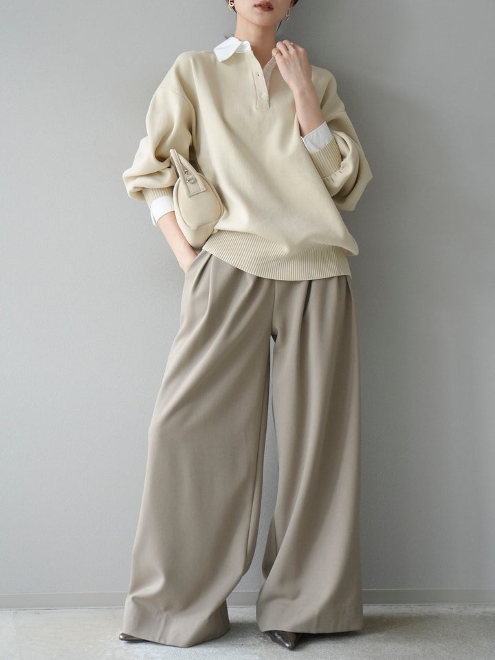 【SET】翻領polo針織套衫+雙褶闊腿褲（2件組）