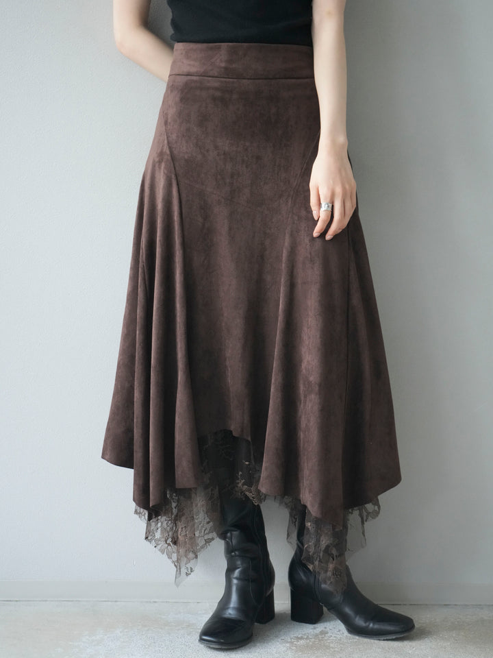 [予約]スエード裾レースアシンメトリースカート/brown