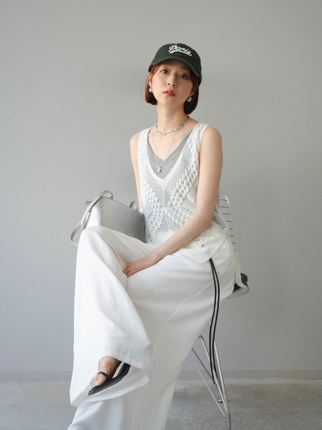 [予約]透かし編みレイヤードニットトップス/ホワイト