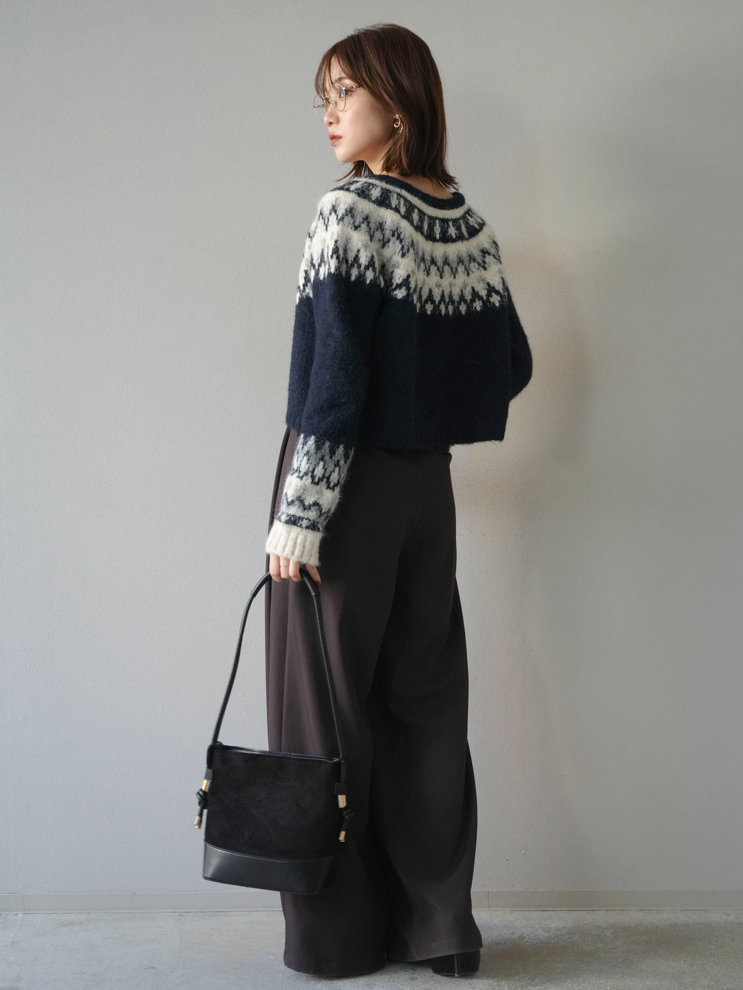 【着回しセット】[SET]求心柄クロップドニットカーディガン+異素材ミックスヤーンニットプルオーバー+ベルトループデザインワイドパンツ(3set)