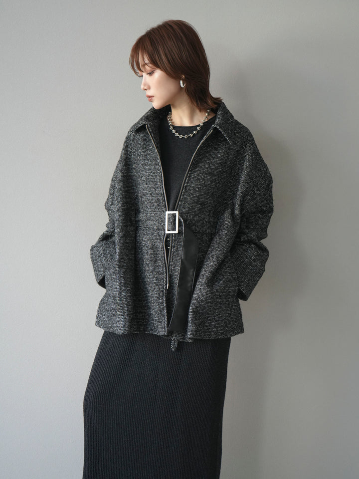 [予約]メッシュ切替ノースリーニットワンピース/darkgray