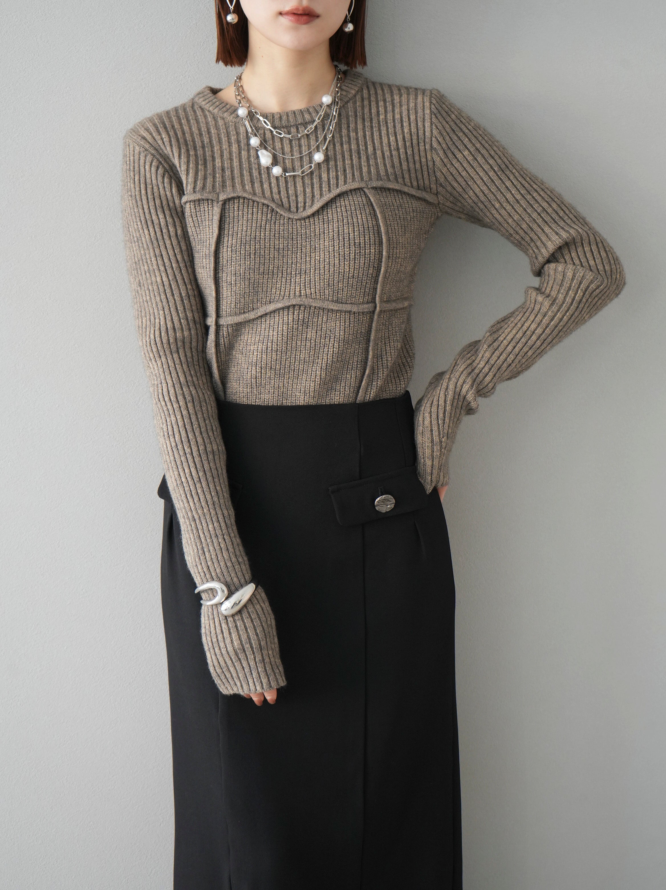 SET]デザインリブニットトップス+デザインリブニットトップス