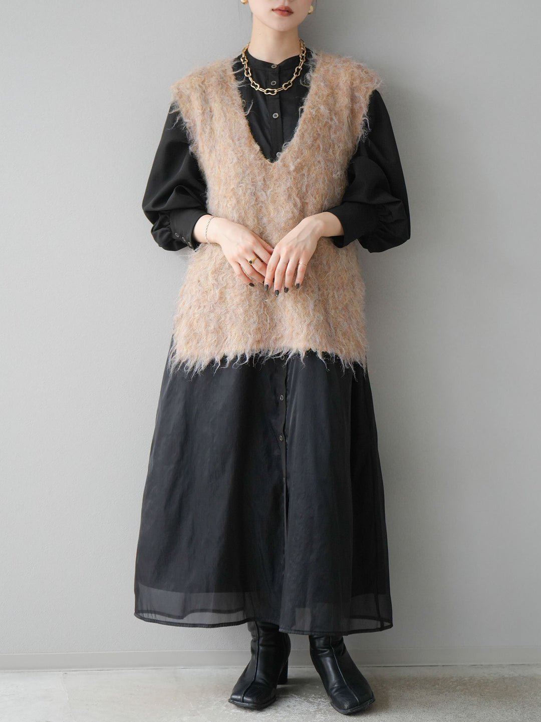 [予約]ウール混ミックスヤーンニットベスト/オレンジ