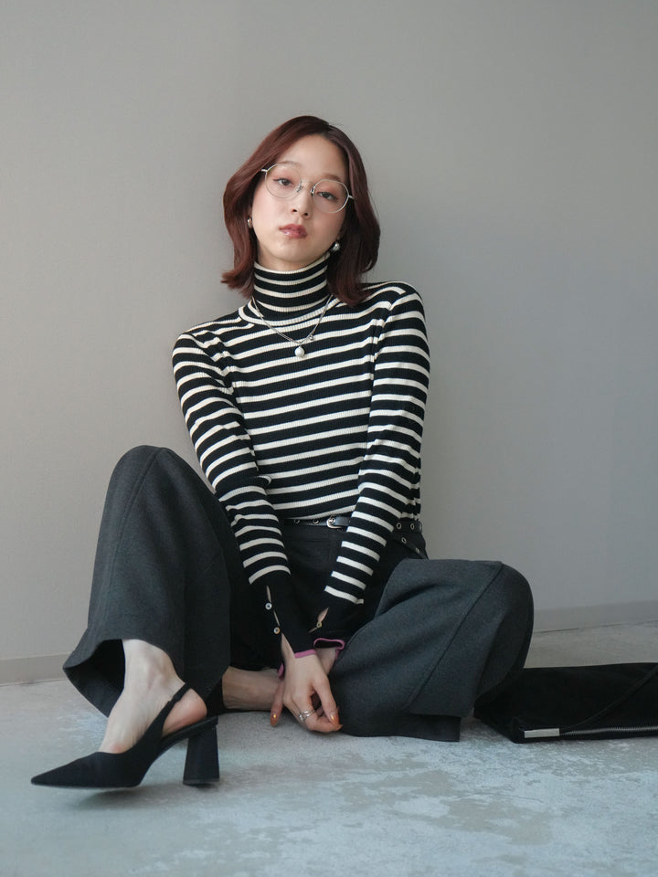 [SET]袖配色ハイネックボーダーリブニットトップス+ベルト付き裏起毛ワイドパンツ(2set)