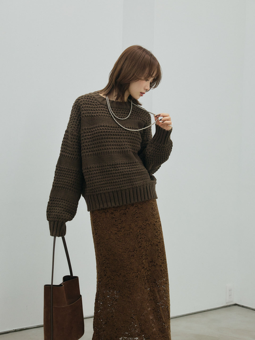 【Allure】[SET]ライン編みニットプルオーバー+起毛レースストレッチナロースカート(2set)