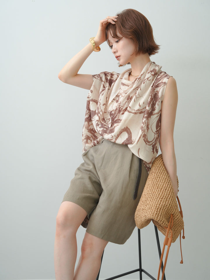 [予約]アート柄ドレープデザインノースリトップス/brown