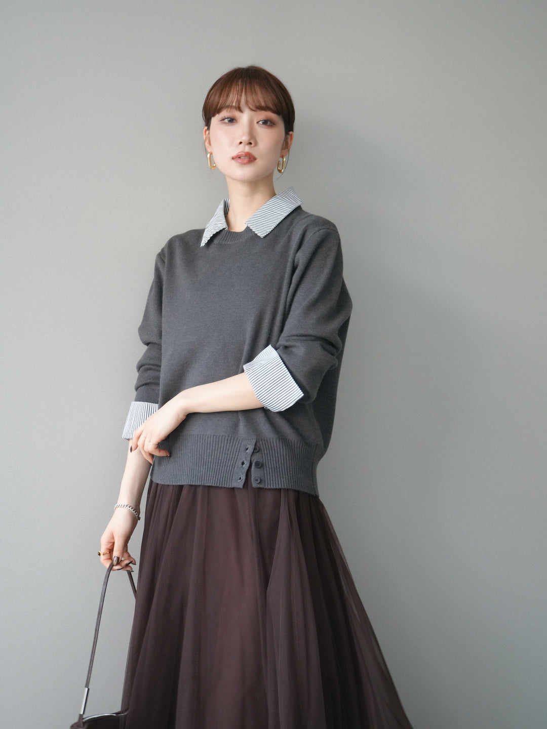 [予約]シャツドッキングデザイン裾ボタンニットプルオーバー/gray