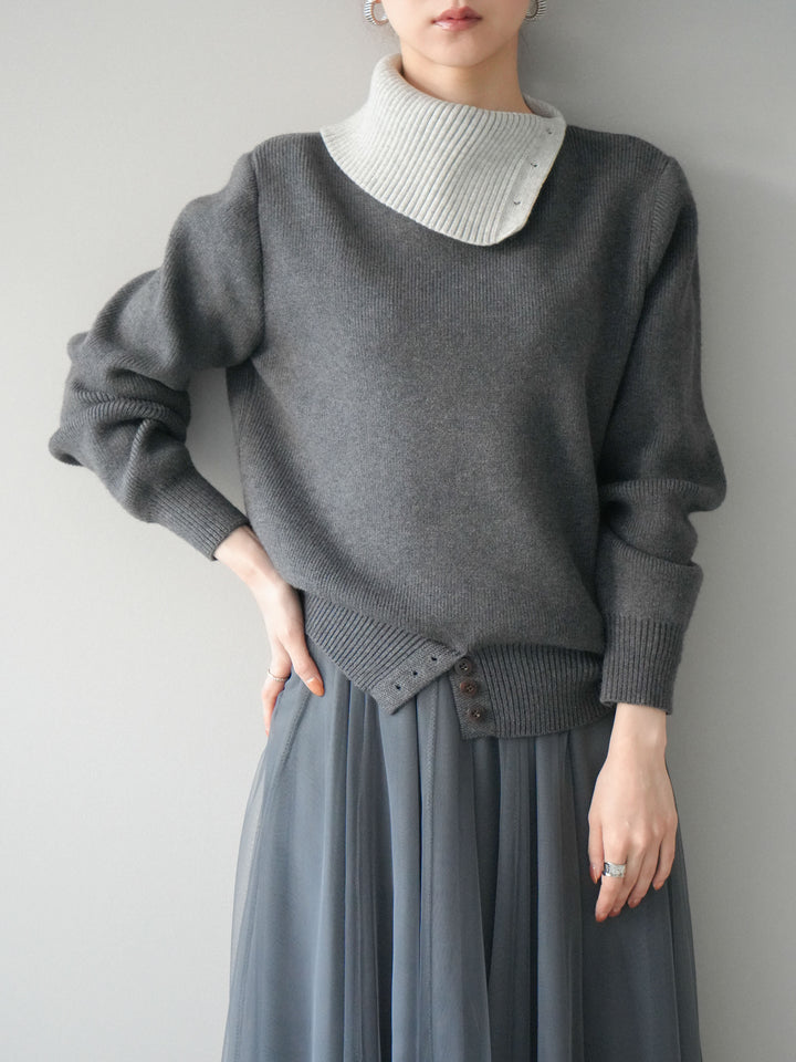 [予約]デザインネックバイカラーニットプルオーバー/charcoal