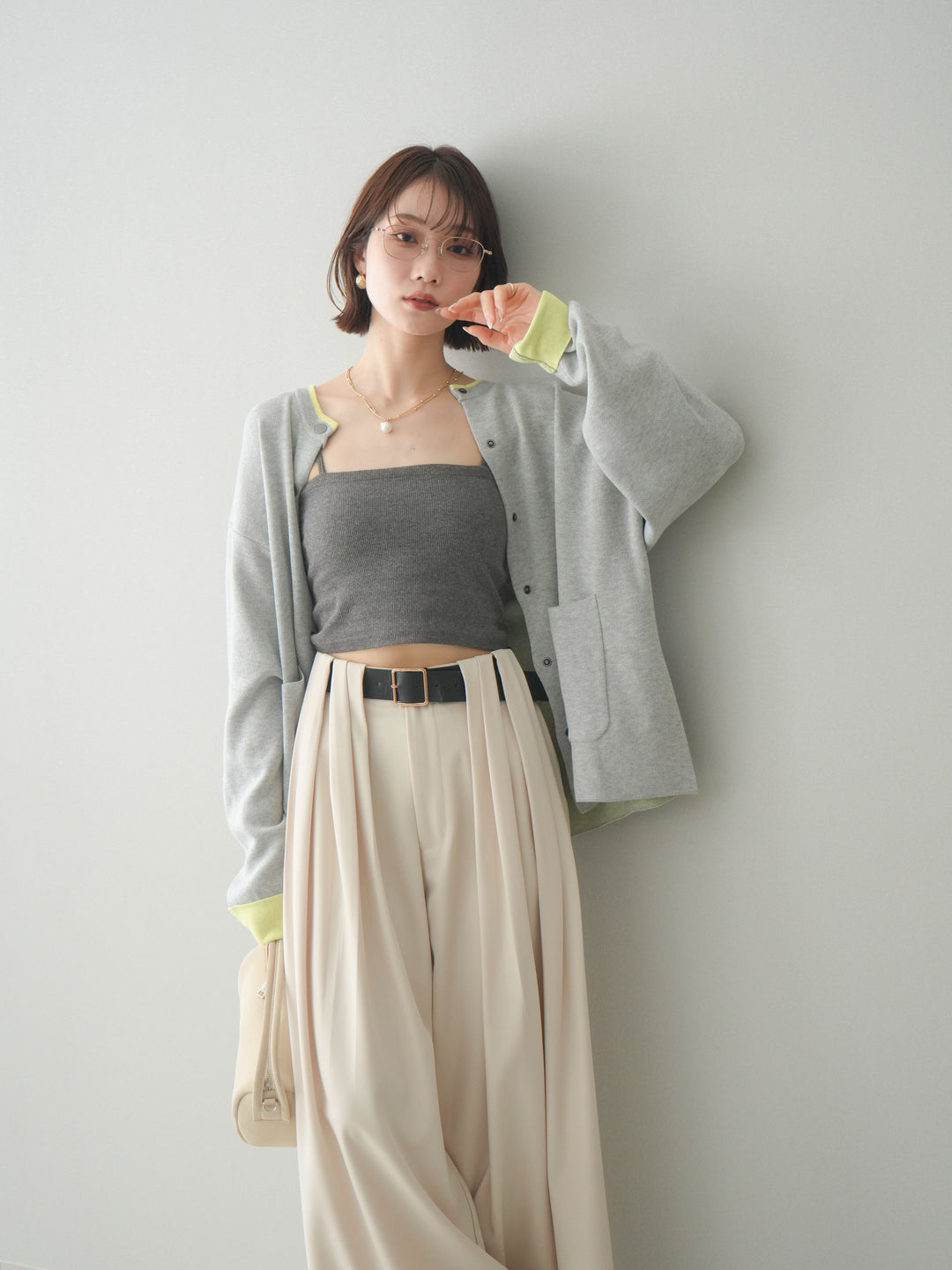 [SET]バイカラーオーバーニットカーディガン+タックベルトループワイドパンツ(2set)