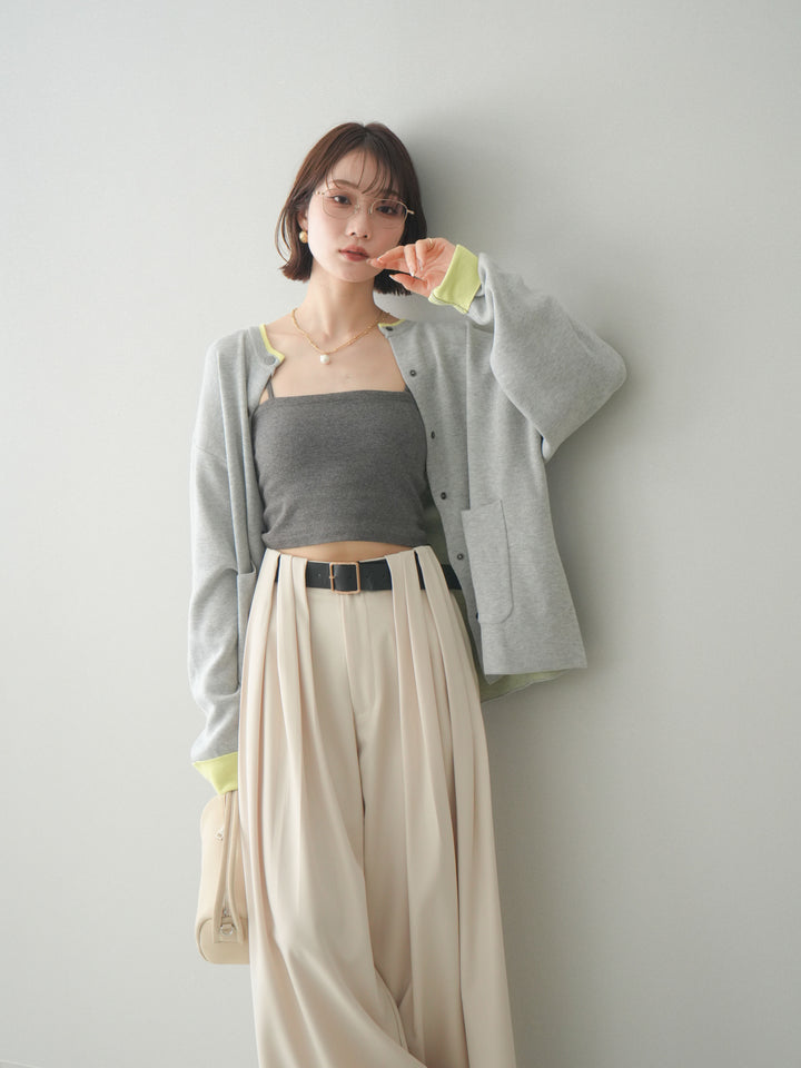 [SET]バイカラーオーバーニットカーディガン+タックベルトループワイドパンツ(2set)