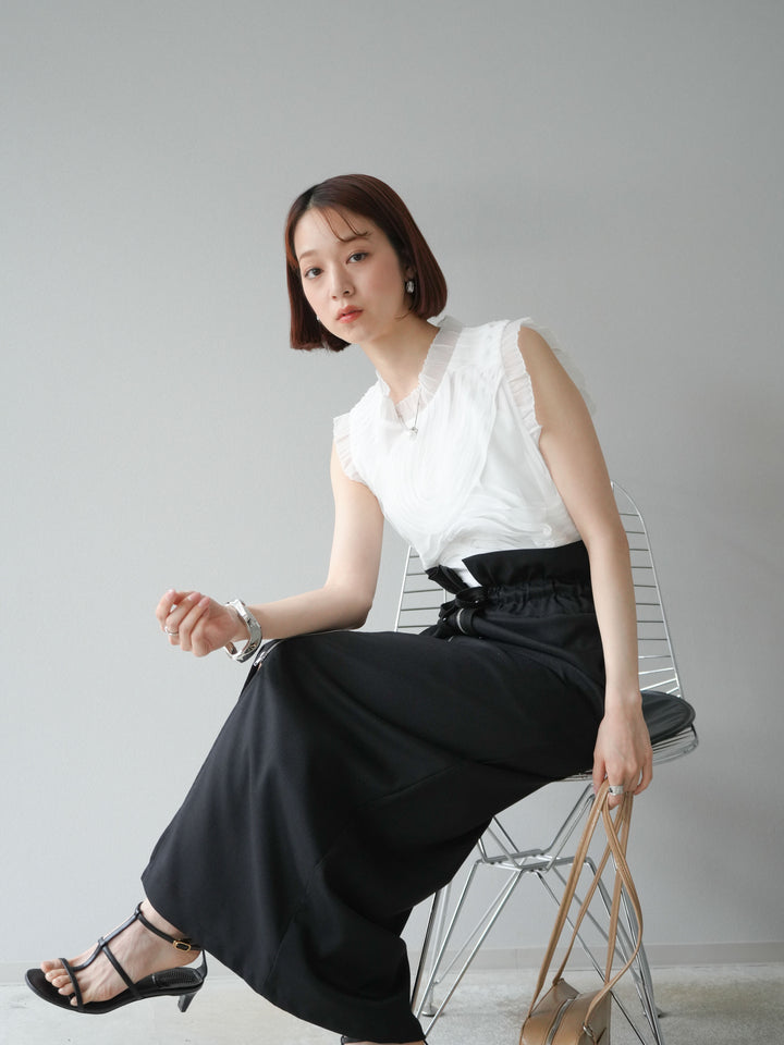 [SET]チュールジャガードノースリブラウス+ヘザーエステルギャザージップスカート(2set)