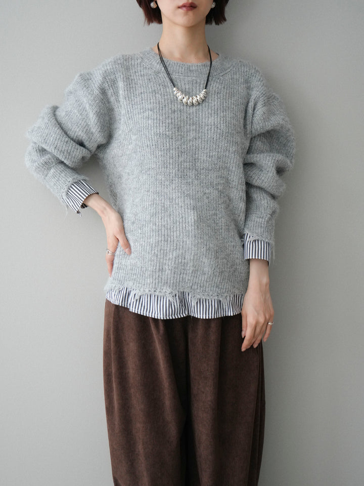 [SET]裾シャツレイヤードダメージニットプルオーバー+コーデュロイサイドタックコクーンパンツ(2set)