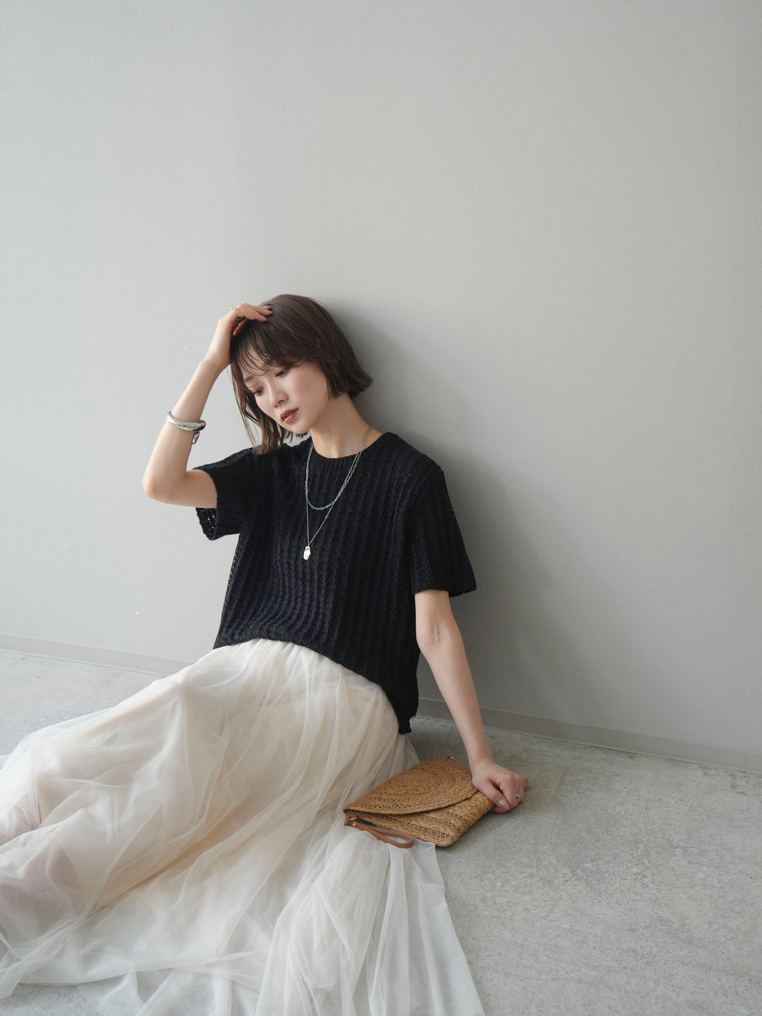 [予約]テクスチャーリブサマーニットプルオーバー/black