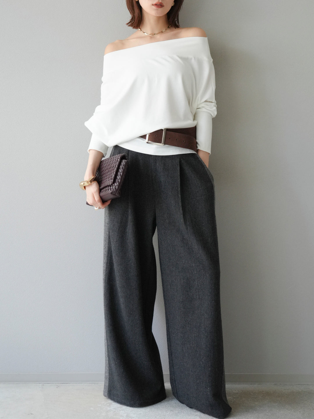 [予約]ベルト付オフショルカットソー/ホワイト