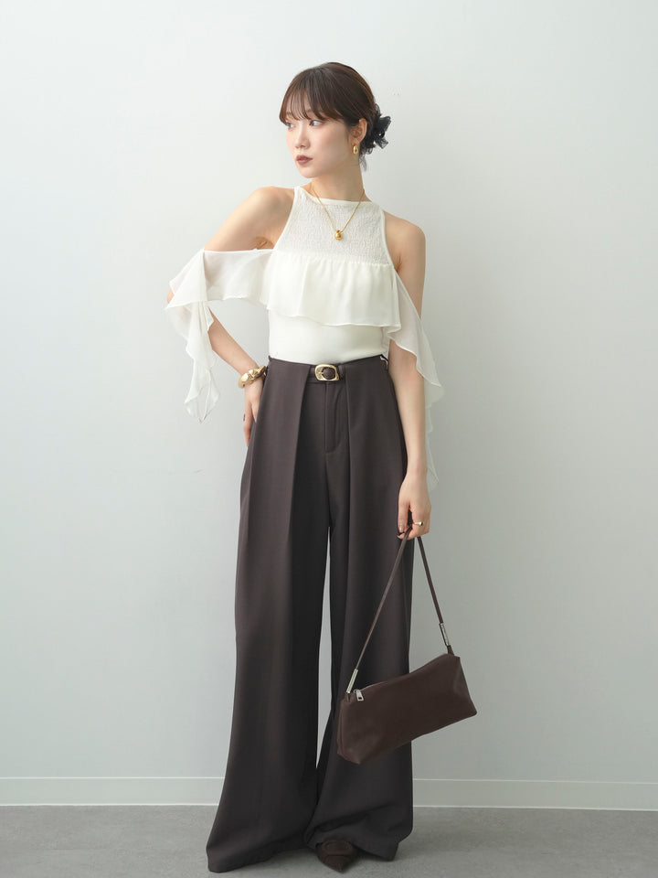 [SET]シフォンフリルドッキングノースリニットトップス+ベルトループデザインワイドパンツ(2set)