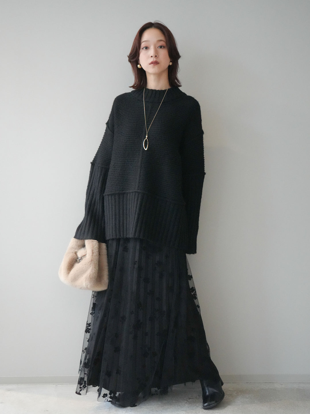 [SET]編み地切替ボトルネックニットプルオーバー+フラワーフロッキーチュールプリーツスカート(2set)