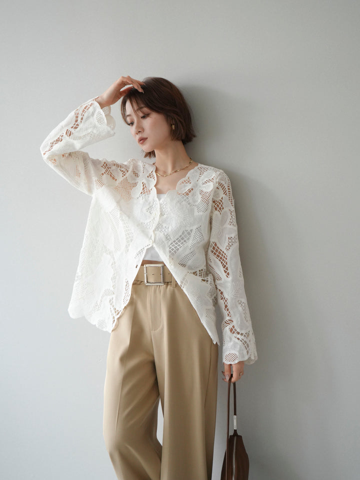 【套裝】3D蕾絲蕾絲上衣+內建胸罩羅紋抹胸吊帶背心（兩件組）