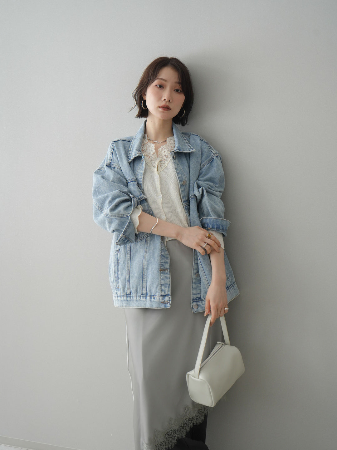 [SET]デザインBIGポケットオーバーデニムジャケット+レースネックジャガードニットカーディガン(2set)