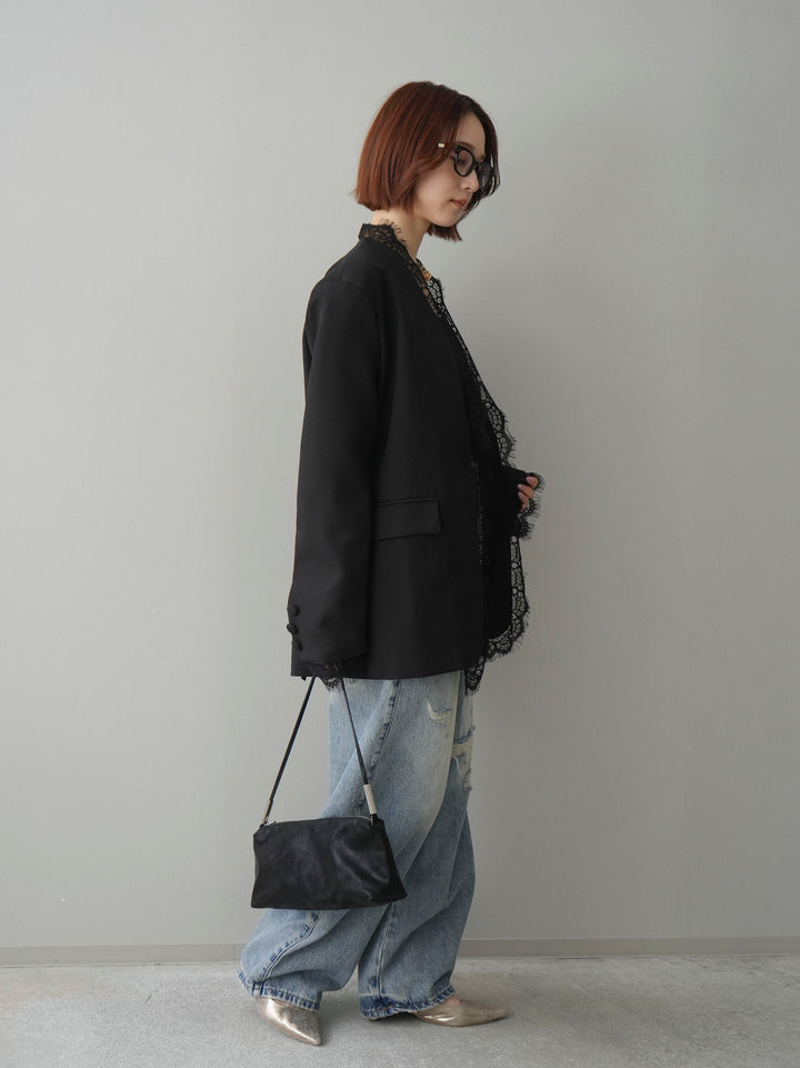 [SET]ノーカラーレースジャケット+カップ付テレコリブベアキャミソール+ダメージデニムセミワイドパンツ(3set)