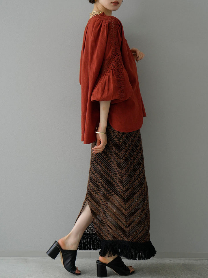 [SET] Cotton lace blouse + crochet fringe I-line skirt (2set)