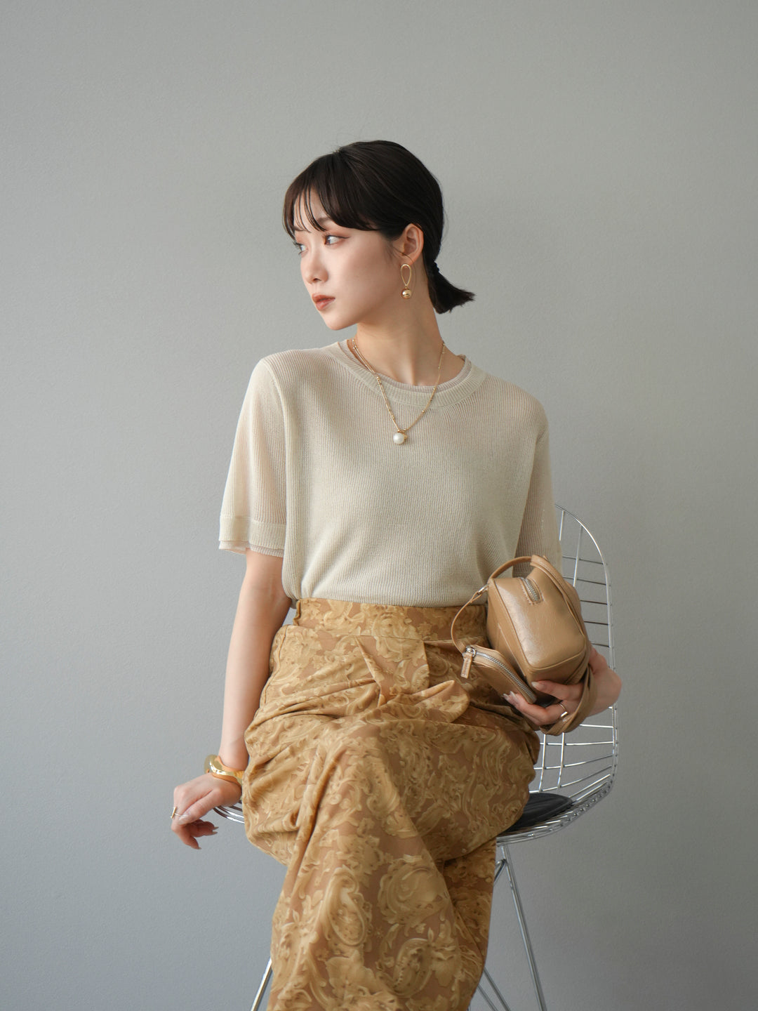 [SET]リネンタッチ配色二重臼ハーフニットトップス+選べるアソート柄スカートセット(2set)