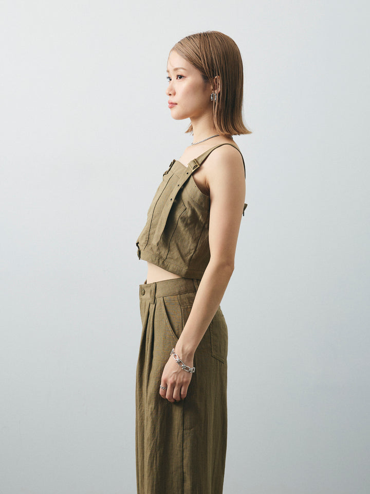 [SET] 亞麻感緊身胸衣＆寬褲套裝（2件套）