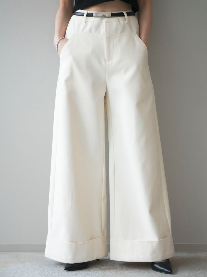 [予約]ベルト付き折り返しコットンツイルワイドパンツ/ivory