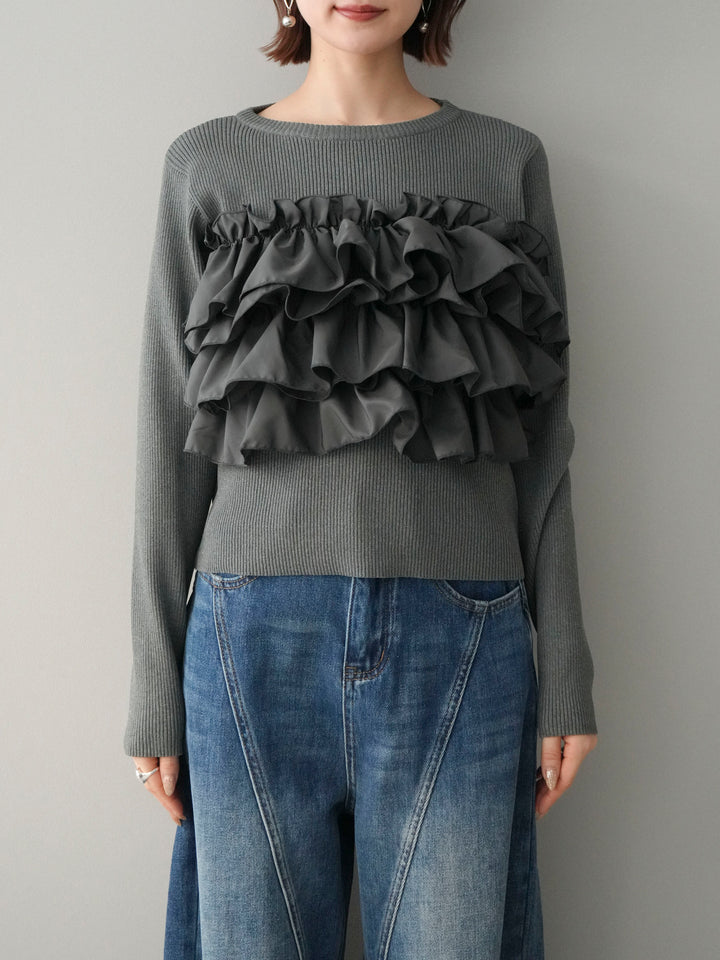 [予約]フリルビスチェドッキングスポンジニットプルオーバー/gray