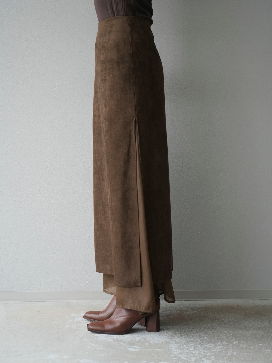 [予約]サイドスリットスウェードドッキングシフォンスカート/ブラウン