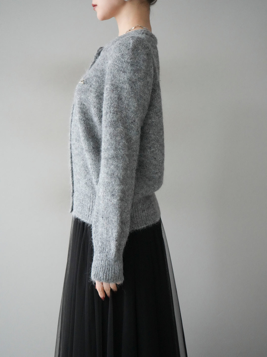 [予約]ブローチ付silverボタンミックスニットカーディガン/gray