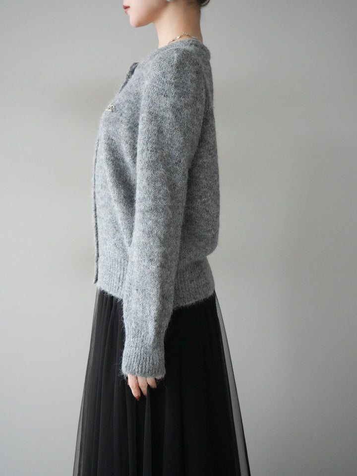 [予約]ブローチ付silverボタンミックスニットカーディガン/gray