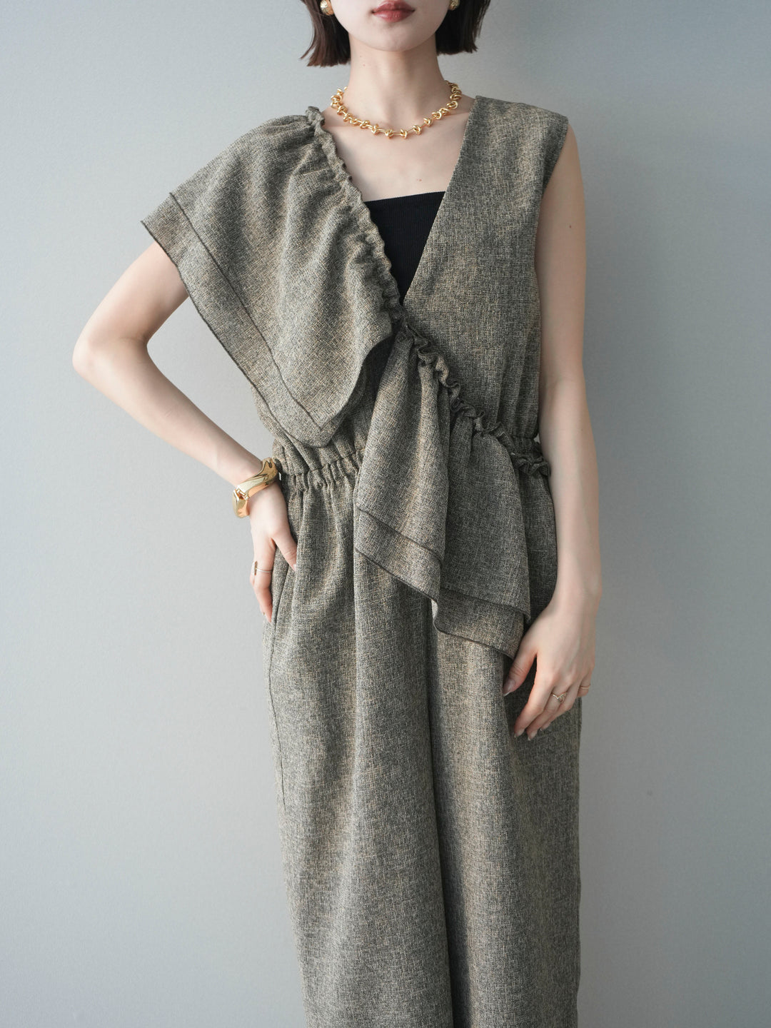 [SET]3WAYミックスツイードギャザーオールインワン+選べるアクセセット(2set)