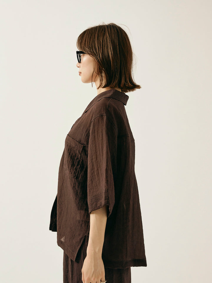 [予約]シャイニースラブシアー開襟ハーフシャツ/ブラウン
