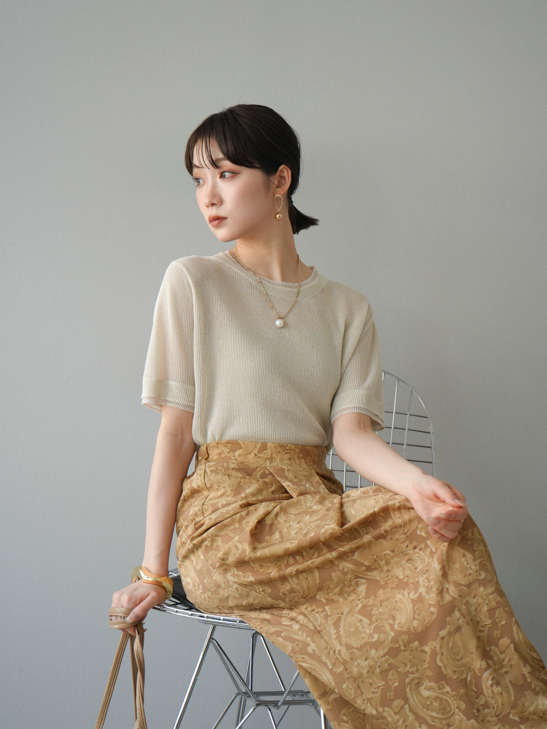 [SET]リネンタッチ配色二重臼ハーフニットトップス+選べるアソート柄スカートセット(2set)