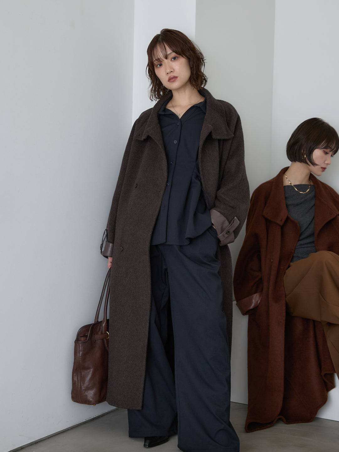 [予約]レザー切替ウールロングコート/darkbrown
