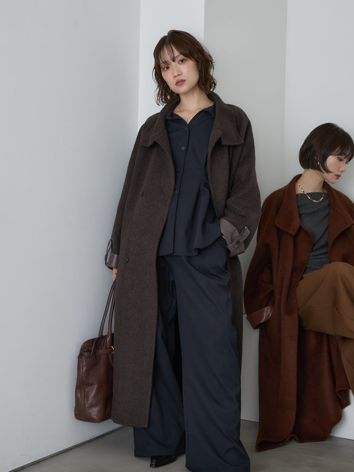[予約]レザー切替ウールロングコート/darkbrown