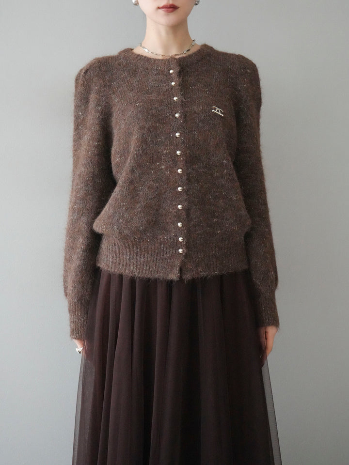 [予約]ブローチ付silverボタンミックスニットカーディガン/brown