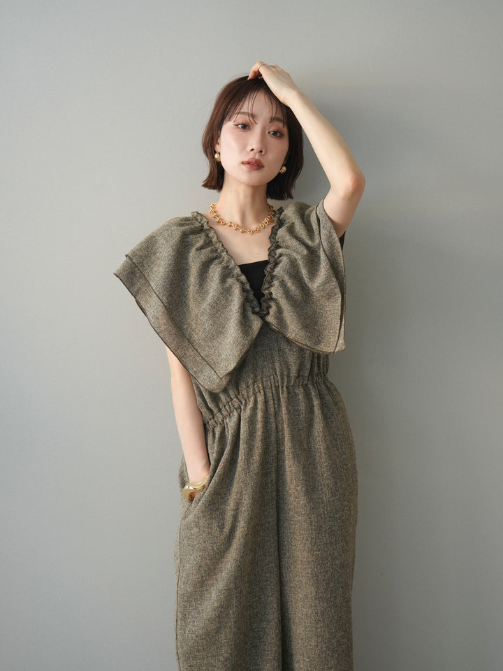 [SET]3WAYミックスツイードギャザーオールインワン+選べるアクセセット(2set)