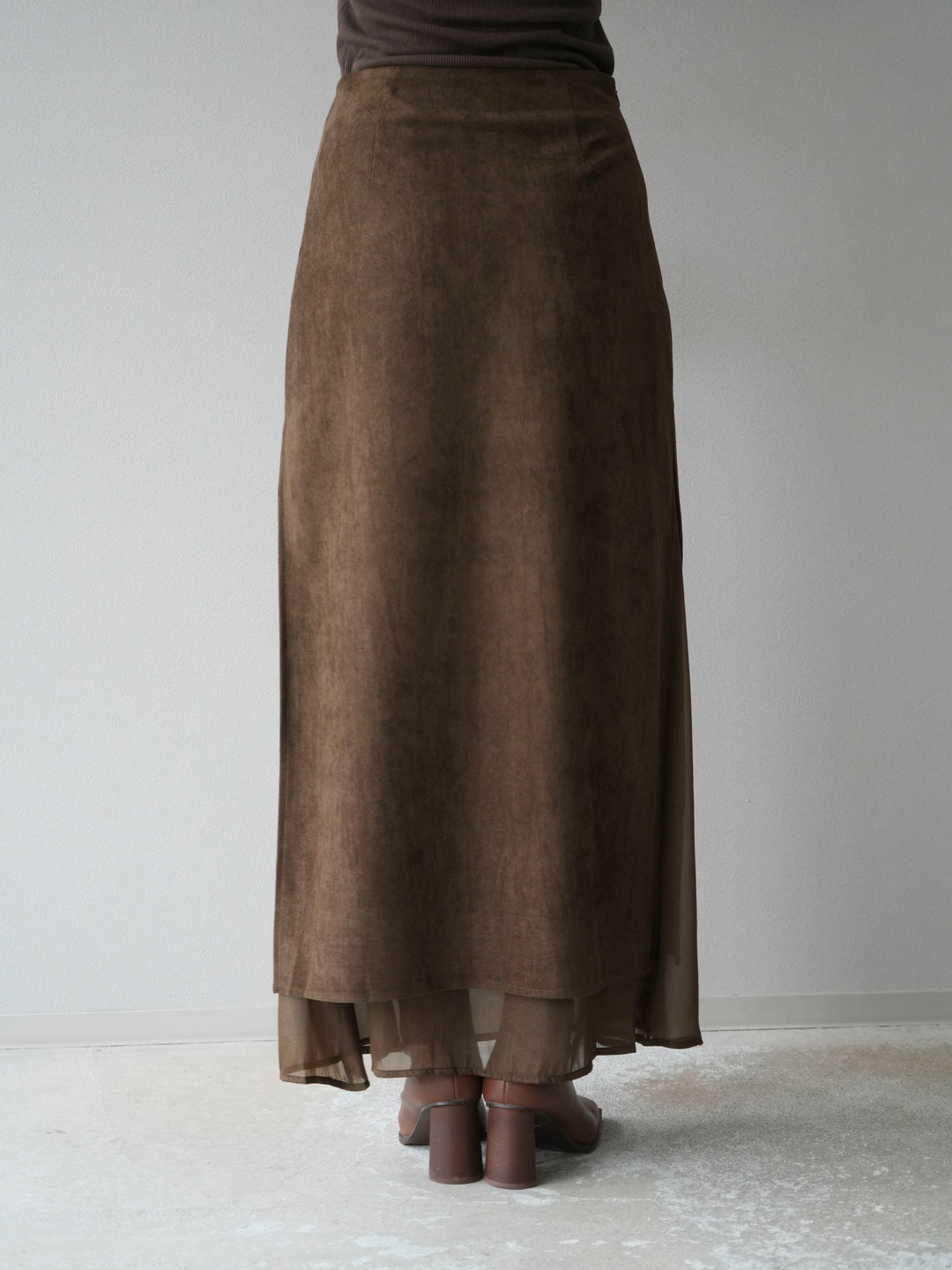[予約]サイドスリットスウェードドッキングシフォンスカート/ブラウン